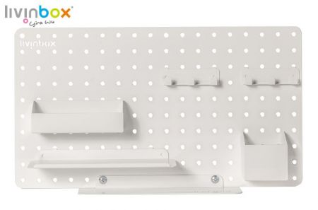 :Pegboard for storage in white.